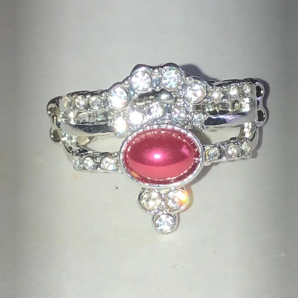 Silver Tone Ring with Pink Cabochon and Clear Rhinestones